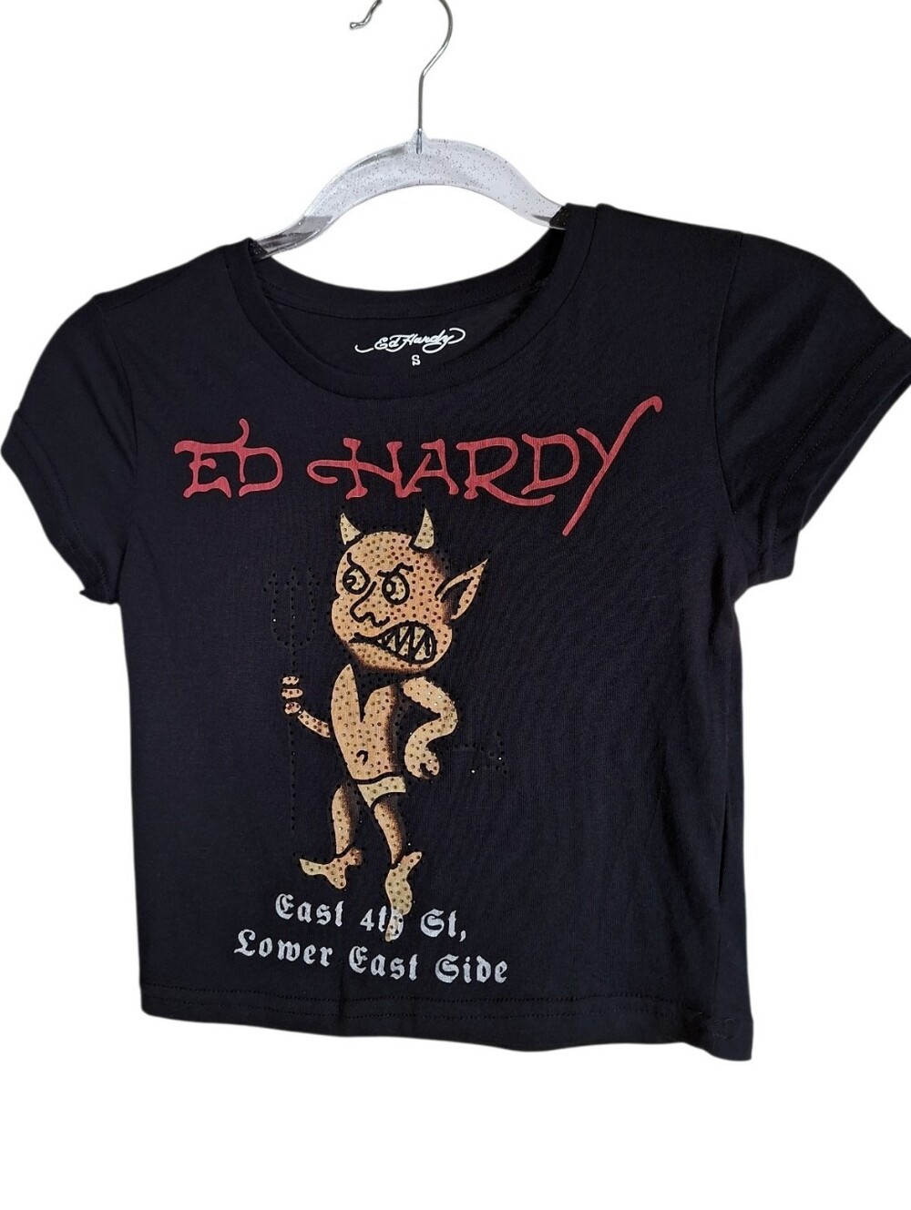 Ed Hardy Rhinestone Baby Devil Baby Tee S Cropped Graphic Bling Tattoo Flash
